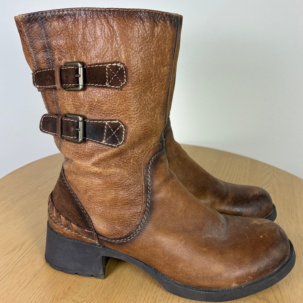 Earth Hemlock Leather Mid Calf Moto Boots Buckle Straps Women's 9B Biker Fall